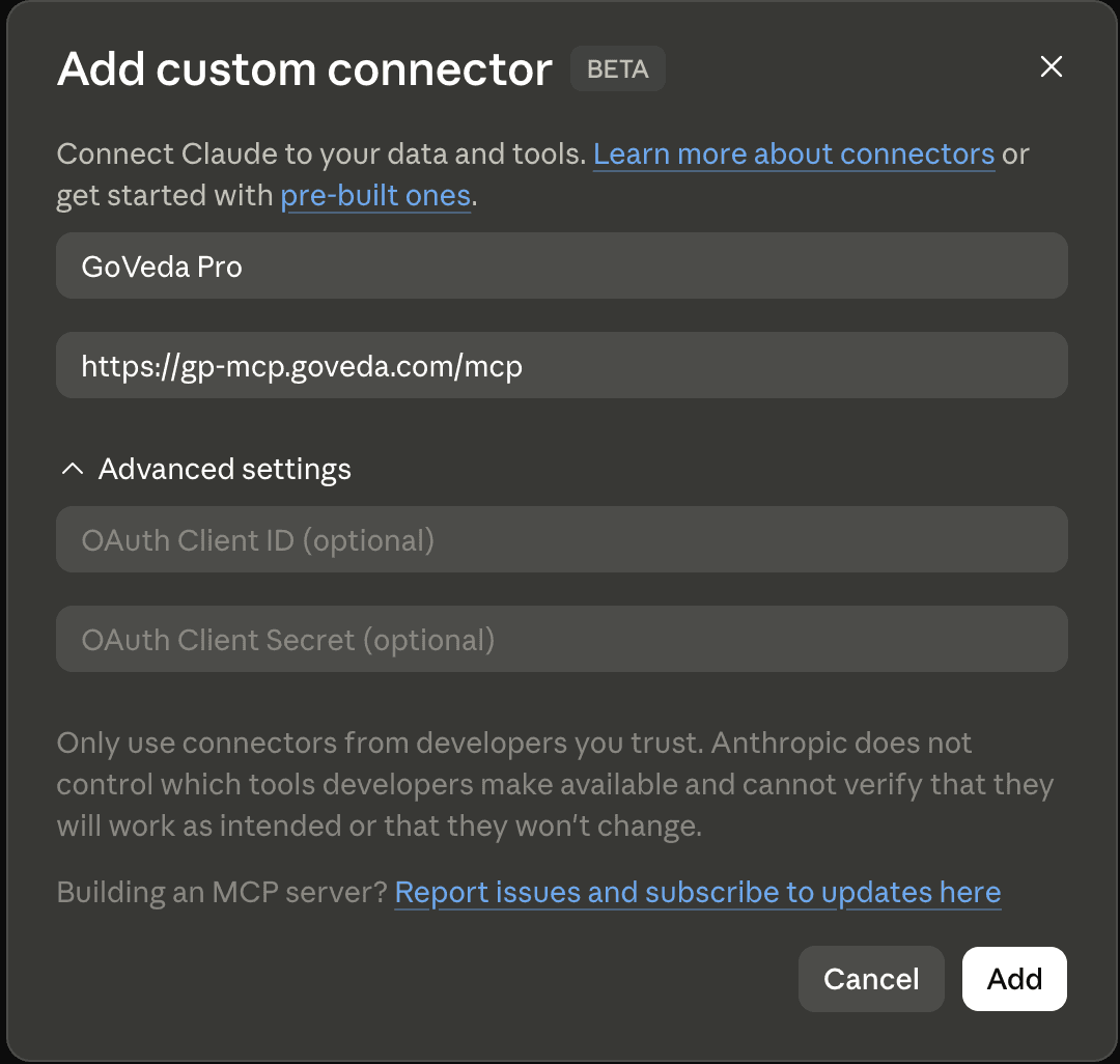 The Add custom connector dialog with Goveda Pro's name and URL filled in