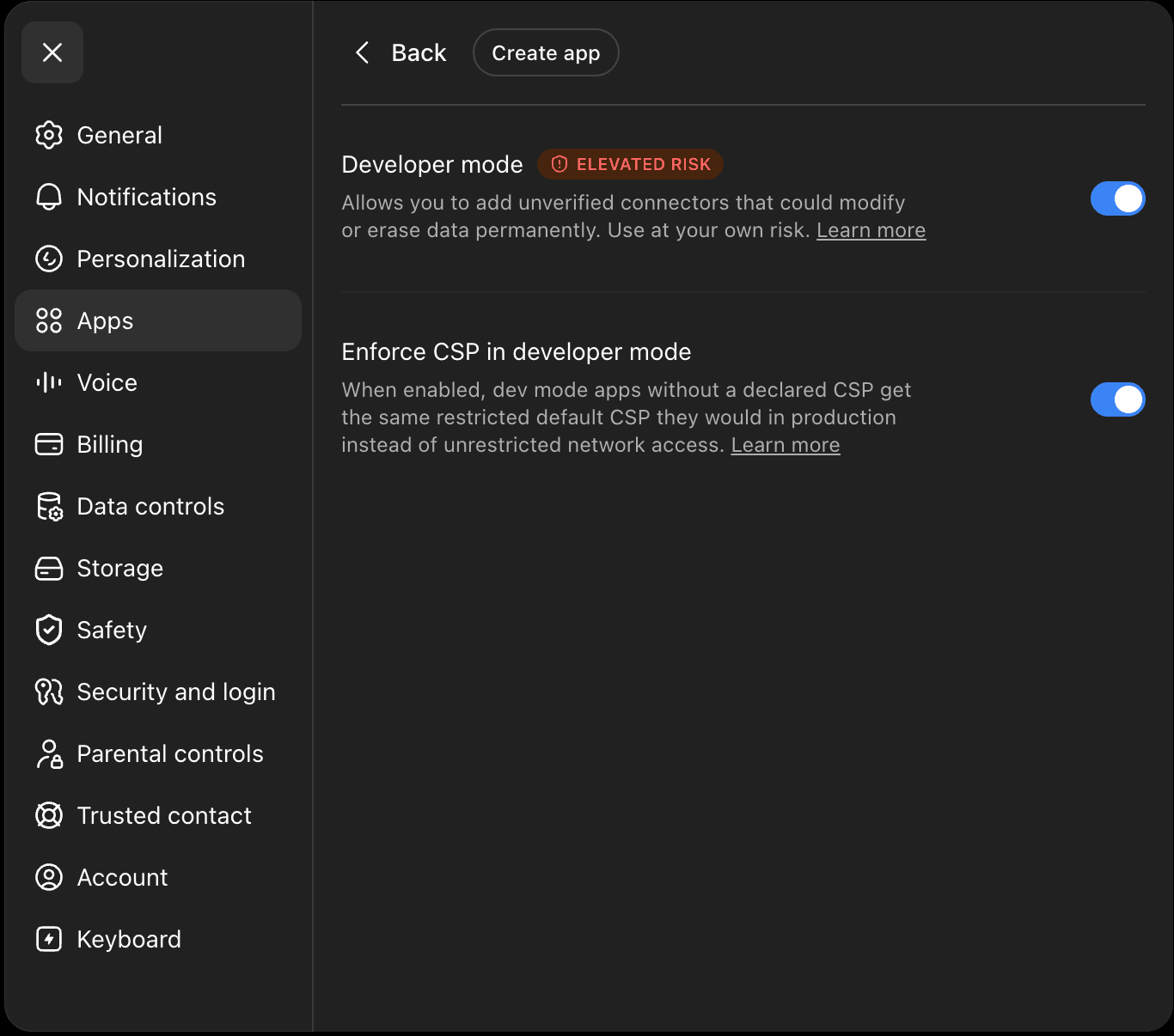 ChatGPT's Apps settings with Developer Mode toggled on
