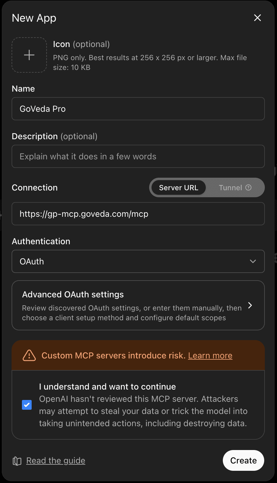 ChatGPT's New App dialog with the server URL and OAuth selected