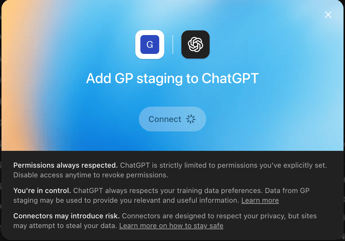 The Goveda Pro authorization window in ChatGPT with a Connect button