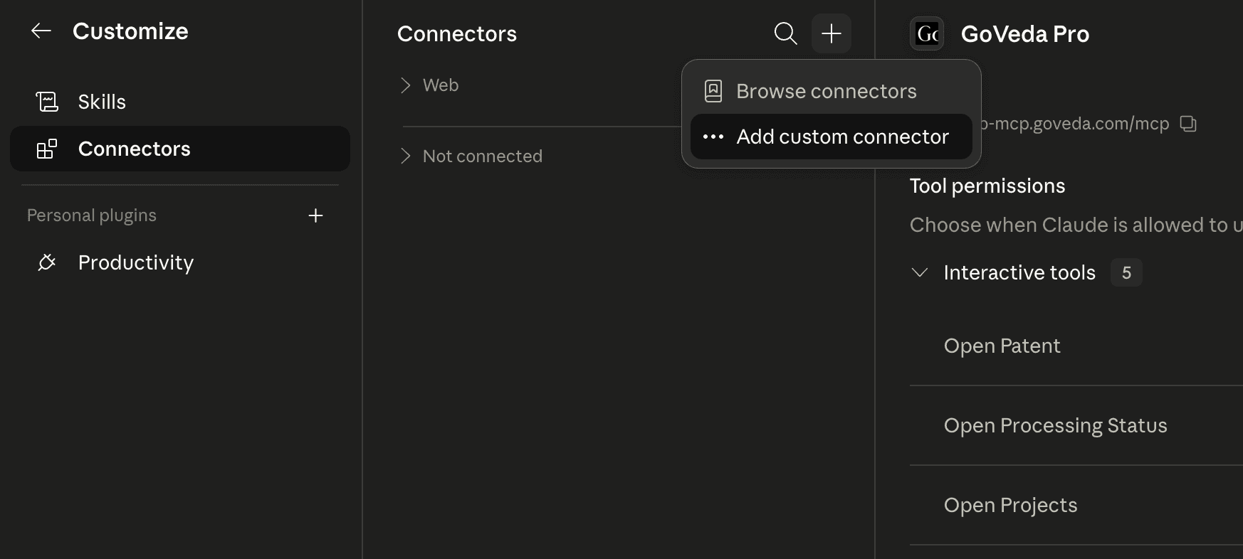 Claude's Connectors page with the add menu open