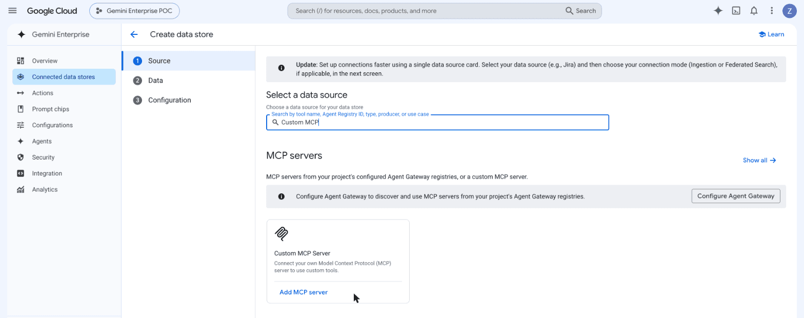 Gemini Enterprise's Create data store page with the Custom MCP Server card