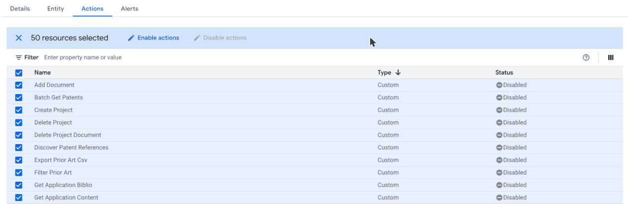 The data store's Actions tab with Goveda Pro's tools selected and the Enable actions button