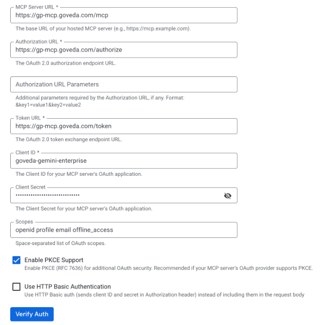The Custom MCP Server authentication form filled in with Goveda Pro's values, PKCE checked and HTTP Basic Authentication unchecked